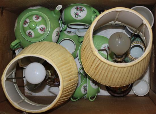 Chinese porcelain tea service apple green - floral decoration, two gold double gourd table lamps & sundry items